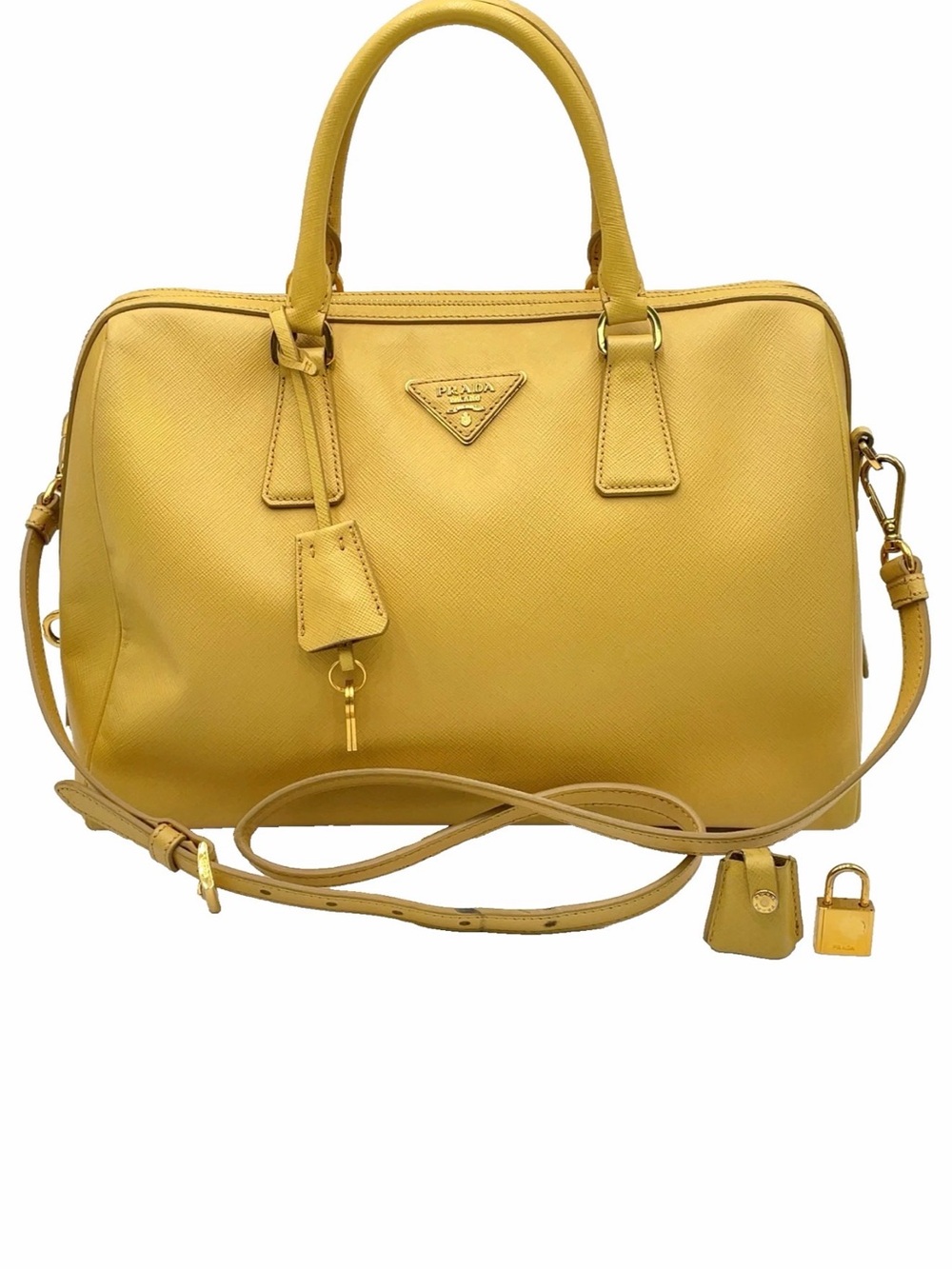 Auth Prada Triangle Logo Saffiano Leather Yellow 2Way Handbag Lock/Key COA